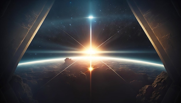 Вид из иллюминатора на планету и звезду, восходящую позади с яркими лучами Генеративный ИИ