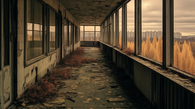 View from inside an abandoned building Autumn cloudy weathe