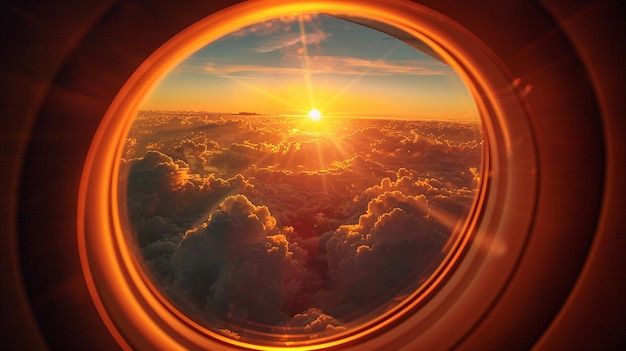 A view from inside an airplane window showing the sky and clouds through its circular glass window