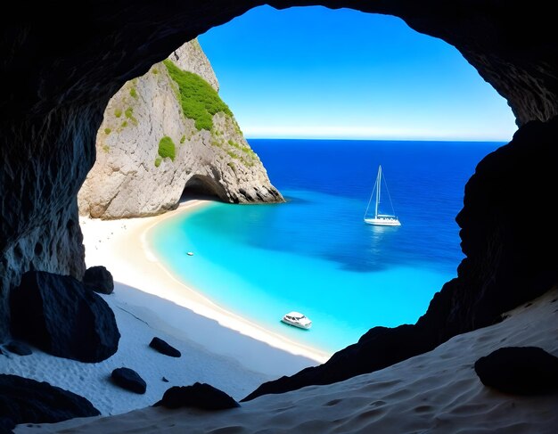 View from inside a cave looking out to a beach clear blue sea and a sailboat in the distance