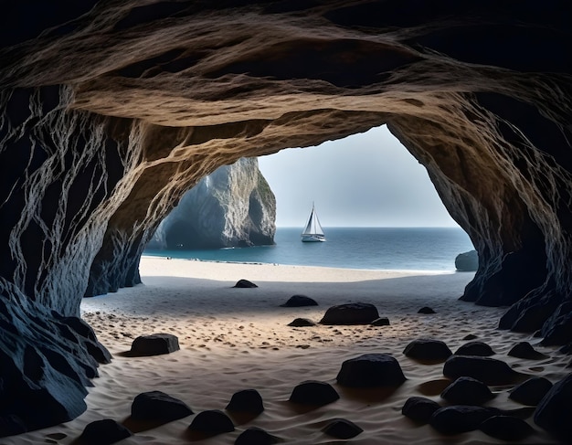 View from inside a cave looking out to a beach clear blue sea and a sailboat in the distance