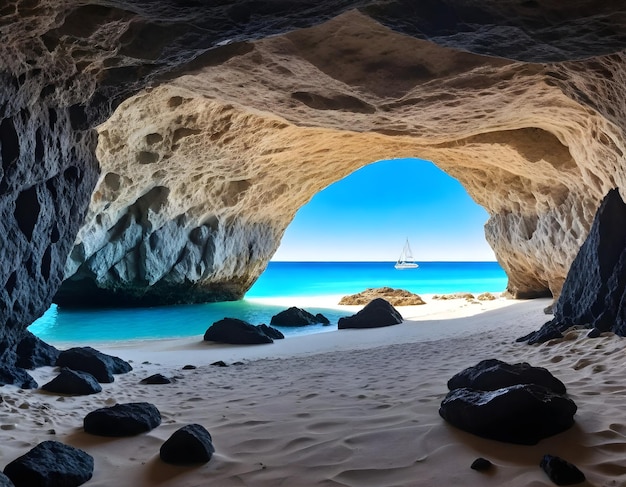 View from inside a cave looking out to a beach clear blue sea and a sailboat in the distance