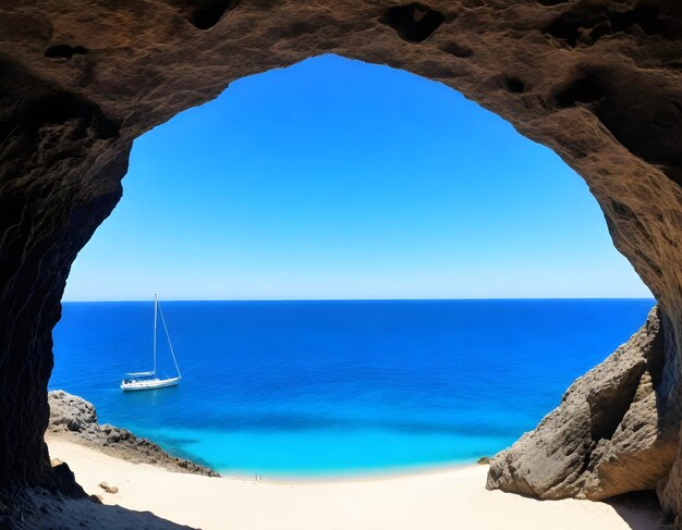 View from inside a cave looking out to a beach clear blue sea and a sailboat in the distance