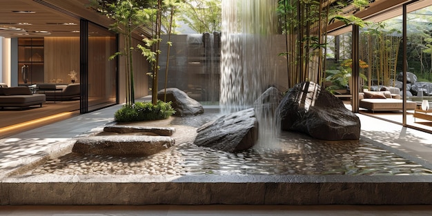 View from interior with zen inspired style inside on japanese garden house