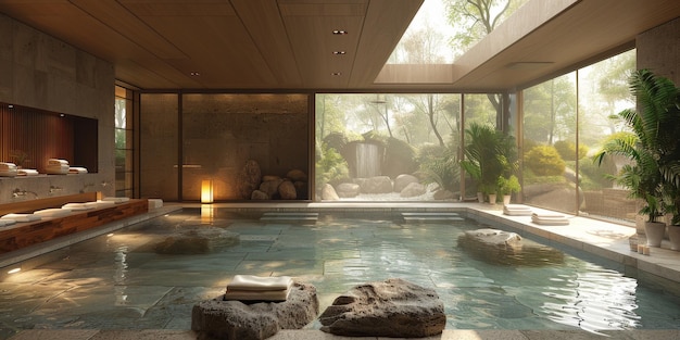 View from interior with zen inspired style inside on japanese garden house