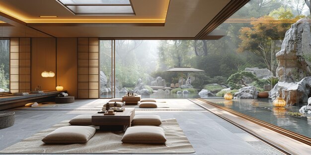 View from interior with zen inspired style inside on japanese garden house