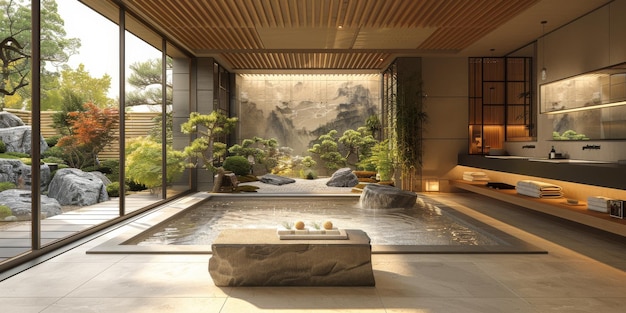 Vista dall'interno con stile ispirato allo zen all'interno della casa giardino giapponese