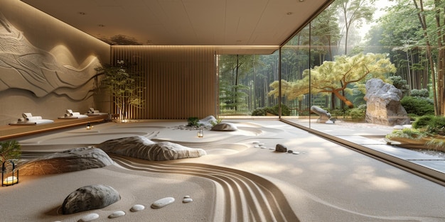 Вид из интерьера в стиле дзен внутри японского садового дома
