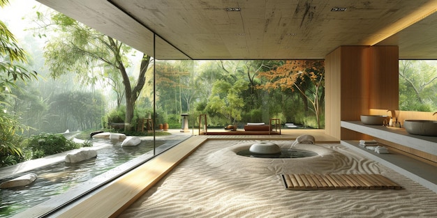 Photo view from interior with zen inspired style inside on japanese garden house