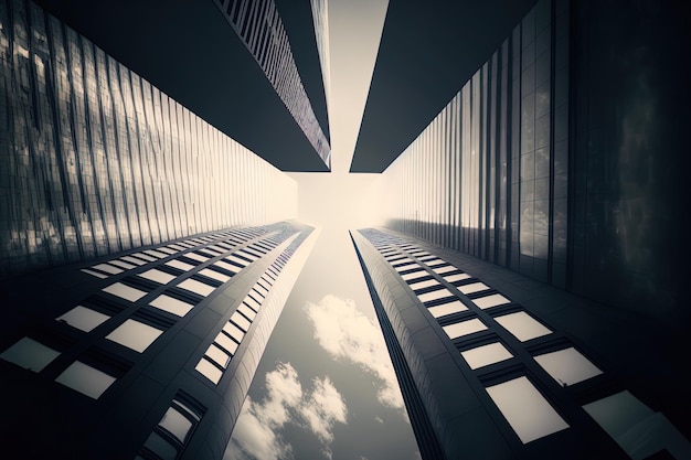 Photo view from a low perspective of a skyscraper in a contemporary futuristic corporate office complex