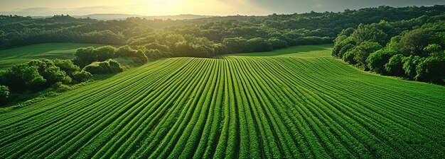 view from above of a lush green field being watered