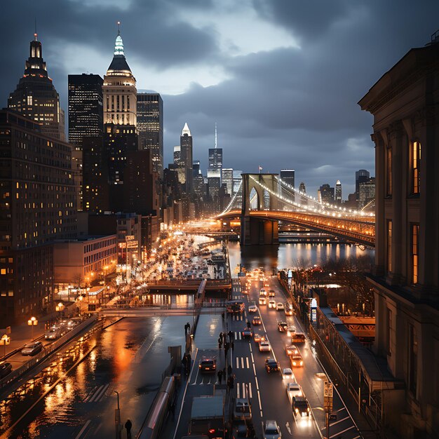 맨해튼 브리지(Manhattan Bridge)의 현대적인 펜트하우스에서 보이는 전망은 뉴욕 저녁의 이스트 강(East River) 위에 있는 다리입니다.