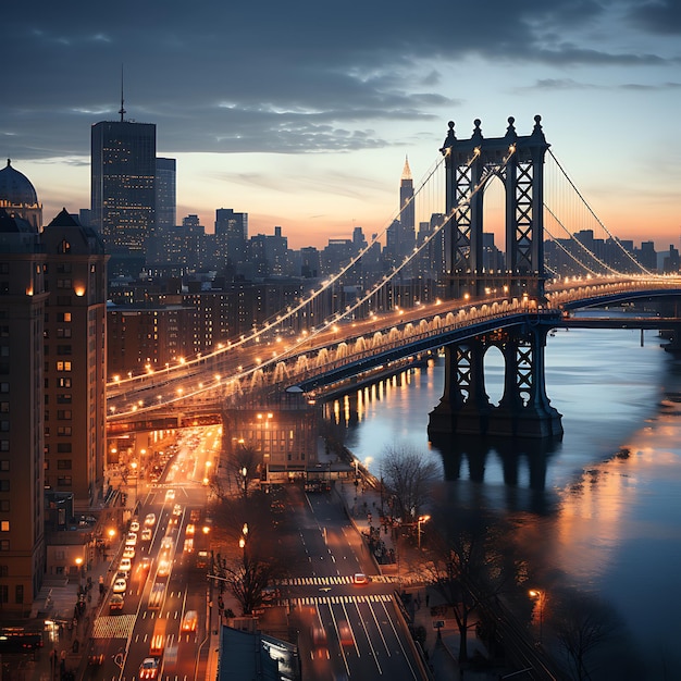 맨해튼 브리지(Manhattan Bridge)의 현대적인 펜트하우스에서 보이는 전망은 뉴욕 저녁의 이스트 강(East River) 위에 있는 다리입니다.