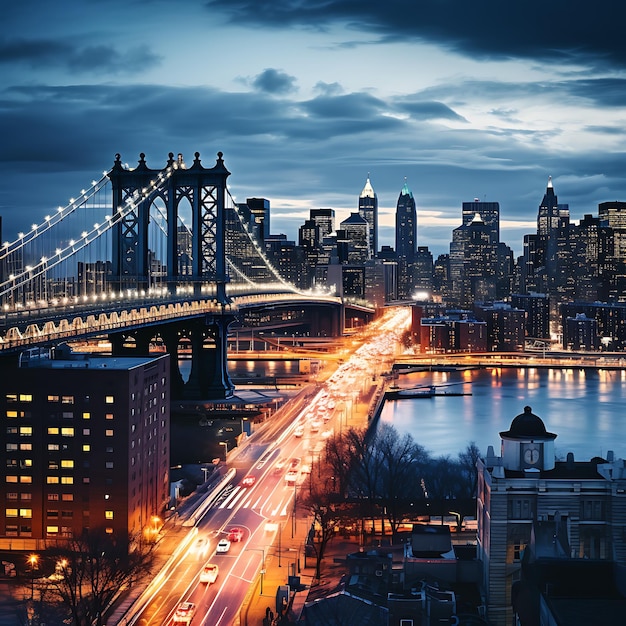 View from modern penthouse on the manhattan bridge is a bridge over the east river in evening nyc