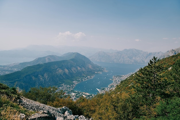 View from the mountain to the valley of the bay of kotor montenegro