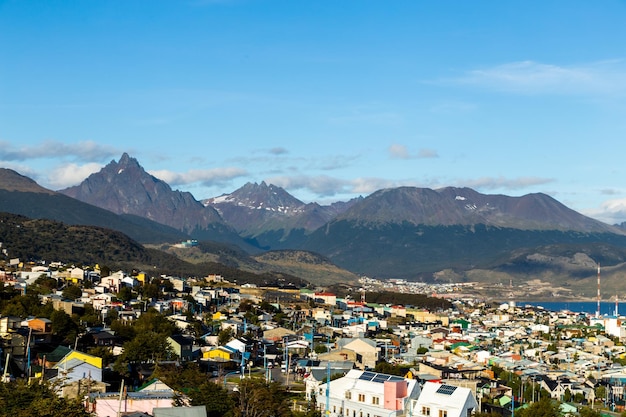 A view from panorama to the harbor and mountains of Ushuaia city