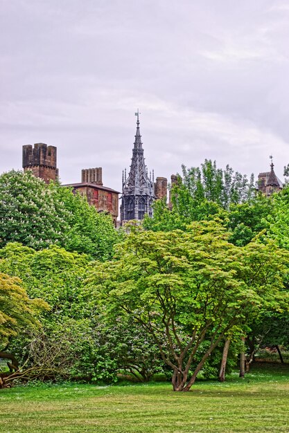 View from park on main range of cardiff castle in cardiff in wales of the united kingdom. cardiff is the capital of wales