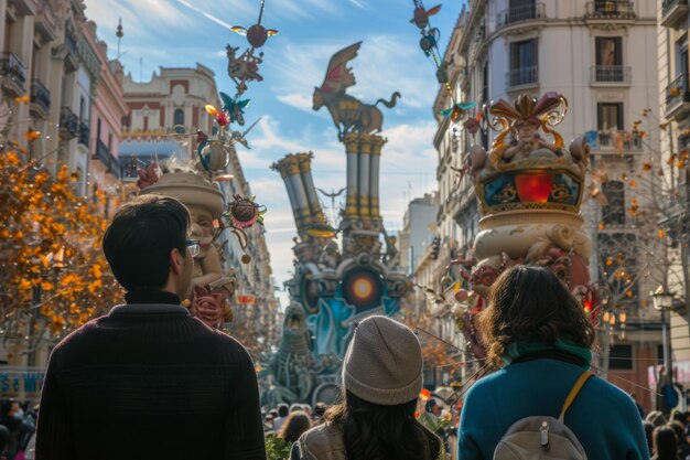 view from behind a people view the impresionant monument of las fallas festivity in Valencia