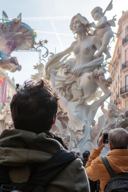 Photo view from behind a people view the impresionant monument of las fallas festivity in valencia