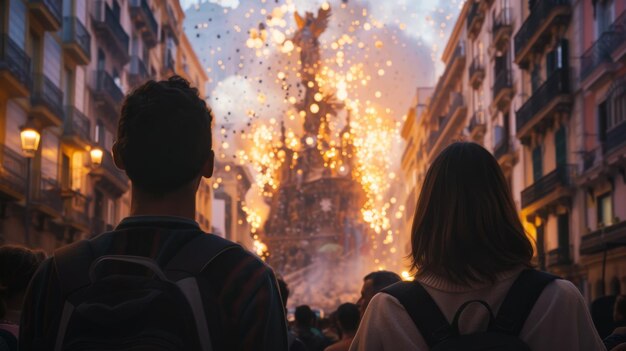 Photo view from behind a people view the impresionant monument of las fallas festivity in valencia