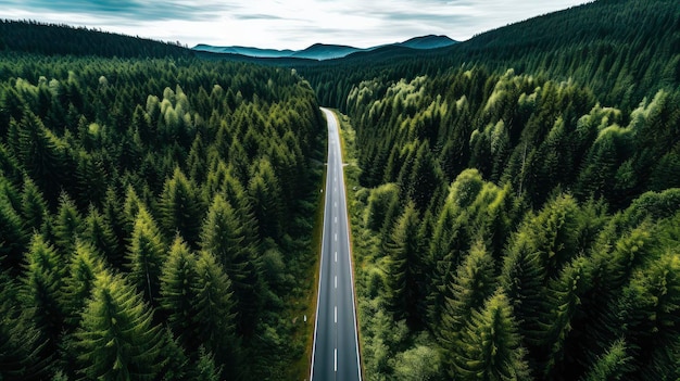 View from above of pine forest and paved road