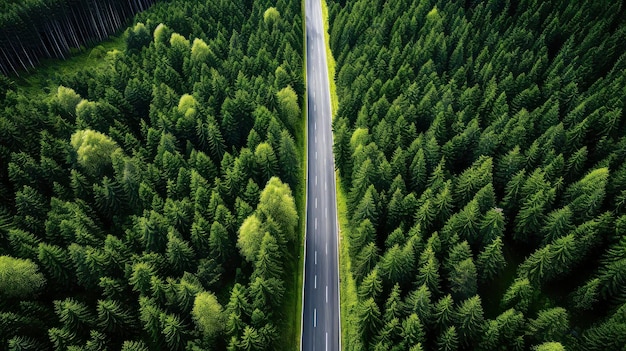 View from above of pine forest and paved road