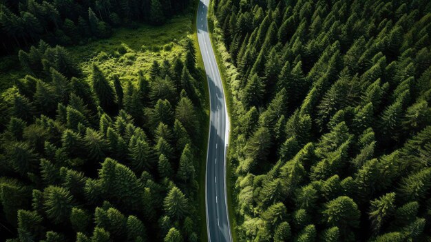 View from above of pine forest and paved road