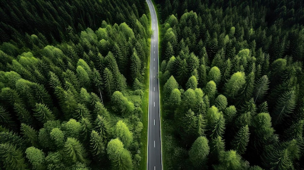 View from above of pine forest and paved road