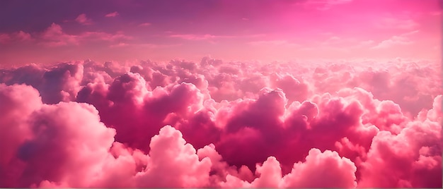 View from above of a pink sky with fluffy pink clouds