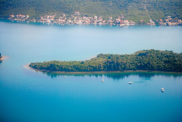 View from the plane on the shore of montenegro adriatic sea