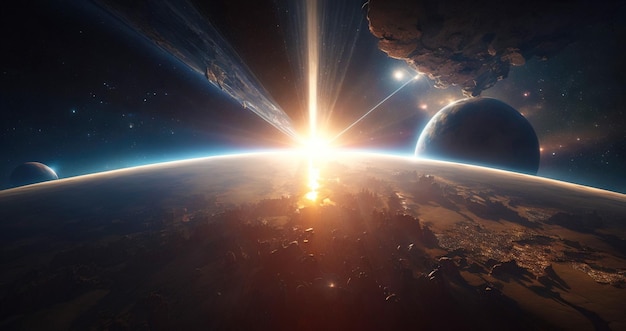Вид с орбиты планеты на восходящее солнце, далекие космические миры, генеративный искусственный интеллект