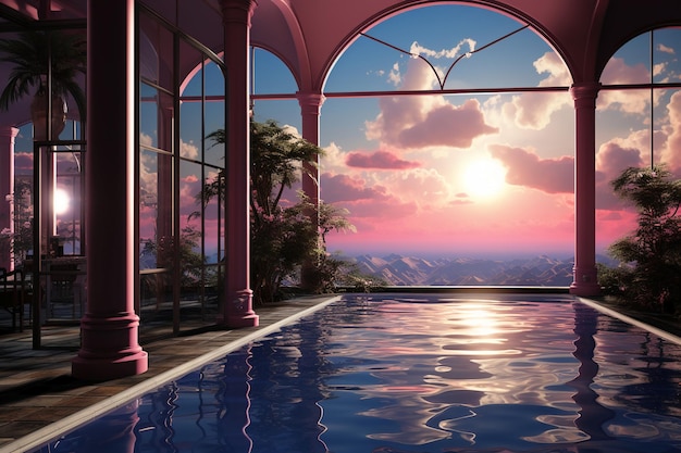 A view from the pool and sky is shown in the style of vaporwave AI generative