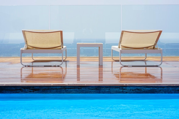 View from the pool to the terrace of the hotel suite rooms