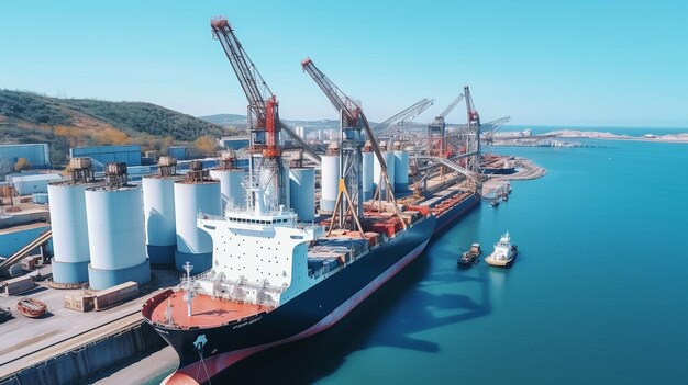 Photo view from the port with a ship and cranes