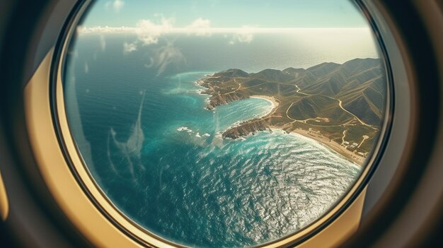 View from the porthole of an airplane on the sea and coastline generative AI