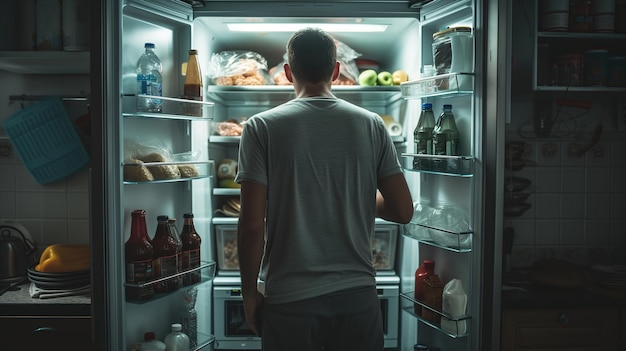 Вид из холодильника голодного человека, глядящего в холодильник в поисках еды