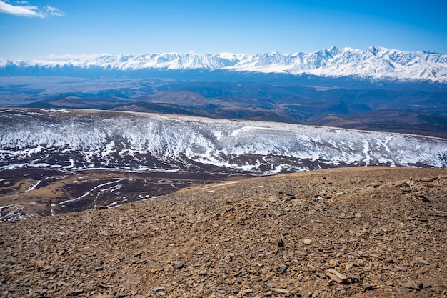 View from a repeater on snowy tops of Altai mountains near Aktash town Russia