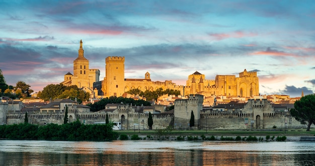 view from the rhne river from the city of avignon at the golden hour