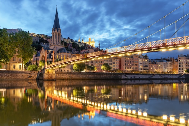 view from the river of old Lyon in France at night