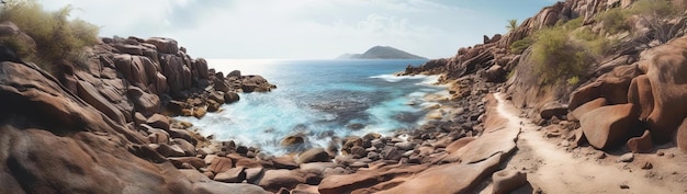 the view from a rocky trail in a tropical area