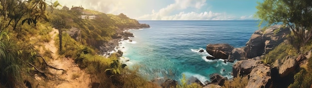 Photo the view from a rocky trail in a tropical area