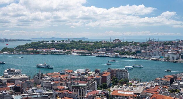 船とモスクのあるボスポラス海峡の屋根からの眺めトルコのイスタンブールの夏のパノラマ風景