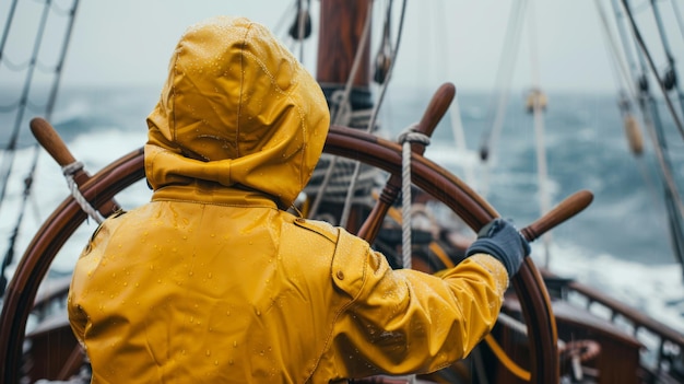 Foto vista da dietro un marinaio in tuta gialla e cappuccio che guida il volante di una fregata d'epoca