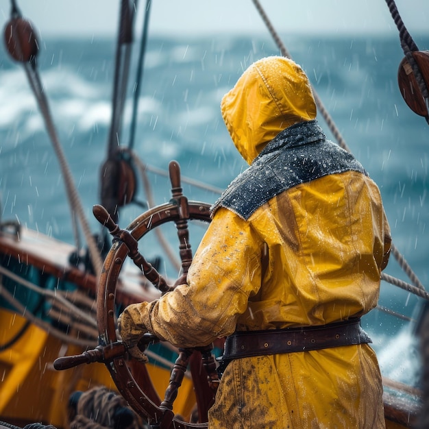Foto vista da dietro un marinaio in tuta gialla e cappuccio che guida il volante di una fregata d'epoca