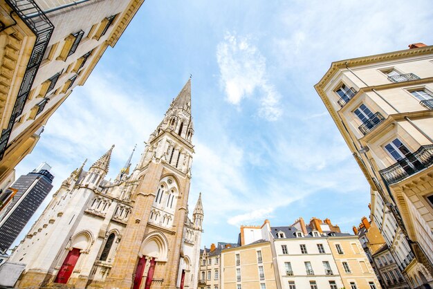 View from below on the saint Nicolas church in Nantes city in France