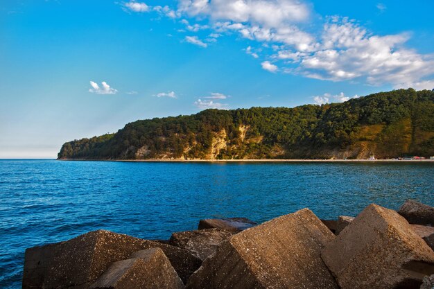 View from the sea to the coastal zone of tuapse beach