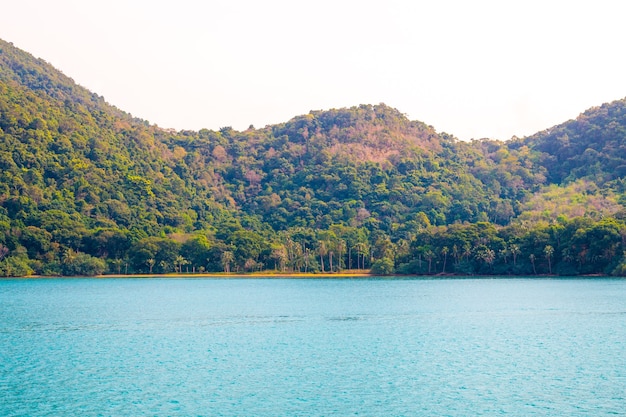 View from the sea to the mountains with the jungle on the island