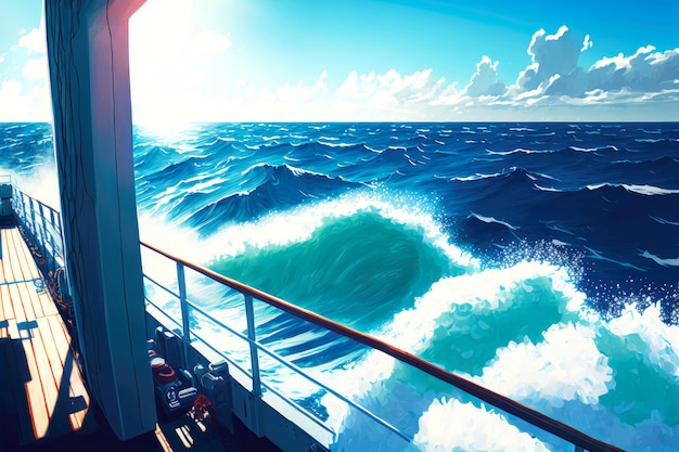 Вид с палубы корабля на солнечно-голубые морские волны