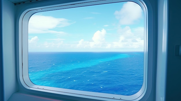 View from the ships window of the bright blue sea and sky