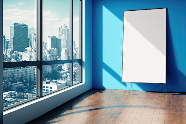 View from the side of a blue interior with a blank banner on the wall a sunny cityscape and a wooden floor Idea for a commercial a mockup